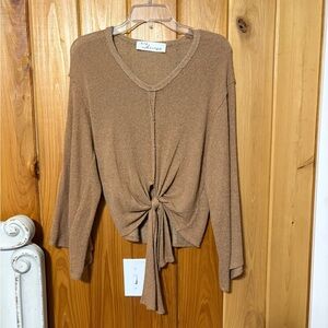 Vintage Havana Camel Brown Tie-Front V-Neck Knit Sweatshirt